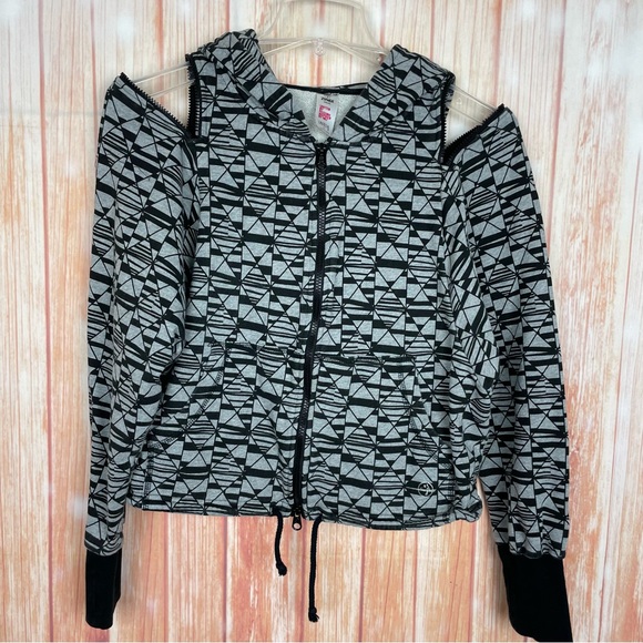 Zumba Thunderin Gray Cold Shoulder Zip Up Hoodie Sweatshirt (L) - Picture 2 of 16